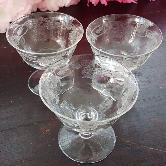 3pc Bohemia Crystal Etched Thistle Coupe Champagne or Sherbet Glasses - Picture 9 of 9